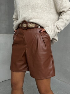 Topshow Tan Belted Leather Shorts #3