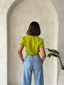 Topshow Pistachio Green Shirt with Elastic Waist Sleeves and Embroidery Pockets #5