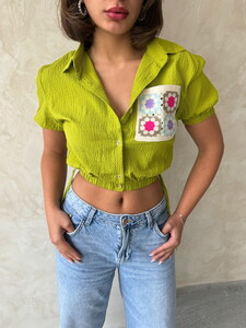 Topshow Pistachio Green Shirt with Elastic Waist Sleeves and Embroidery Pockets #4