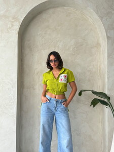 Topshow Pistachio Green Shirt with Elastic Waist Sleeves and Embroidery Pockets #2