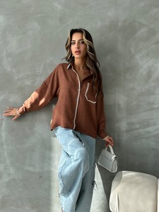 Topshow Brown Cream Embroidered Linen Wholesale Shirt with Pockets #2