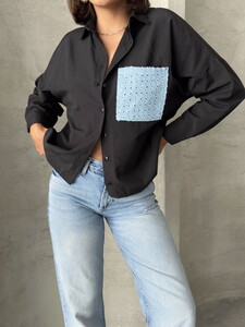 Topshow Black Blue 1 Sequin Denim Pocket Detailed Shirt #4