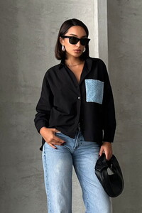 Topshow Black Blue 1 Sequin Denim Pocket Detailed Shirt #2