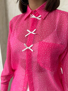 Bow Detailed Polka Dot Chiffon Wholesale Shirt - Fuchsia | TOPSHOW #4