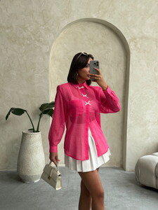 Bow Detailed Polka Dot Chiffon Wholesale Shirt - Fuchsia | TOPSHOW #2