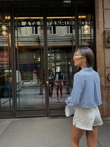 Topshow Blue Laced Front Striped Linen Wholesale Shirt #5