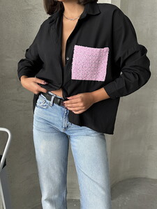 Topshow Black Pink 1 Sequin Denim Pocket Detailed Shirt #4