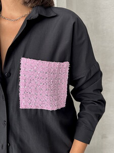 Topshow Black Pink 1 Sequin Denim Pocket Detailed Shirt #5