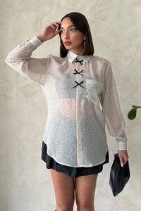 Bow Detailed Polka Dot Chiffon Wholesale Shirt - Stone | TOPSHOW #1