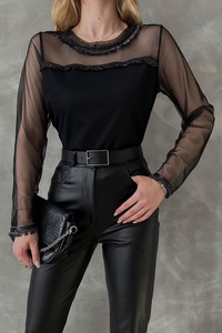 Topshow Black Tulle Detailed Wholesale Blouse #4