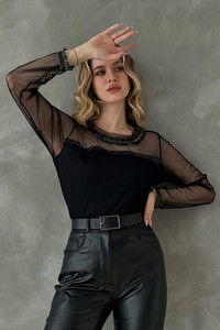 Topshow Black Tulle Detailed Wholesale Blouse #3