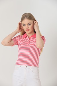 Fuchsia striped half button blouse #3