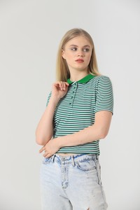 Emerald striped half button blouse #3