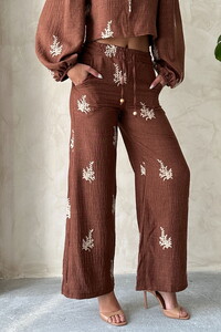 Topshow Embroidered Detailed Wholesale Linen Pants - Coffee #4