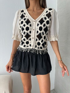 Topshow Stone Black Fringed Button Blouse #4