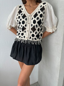 Topshow Stone Black Fringed Button Blouse #3