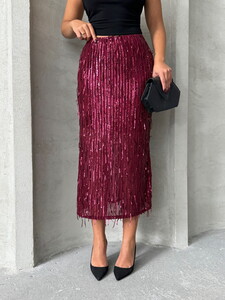 Topshow Burgundy Feather Sequin Wholesale Skirt #4