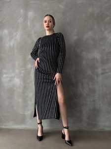 Topshow Black Glittered Silvery Striped Long Wholesale Dress #2