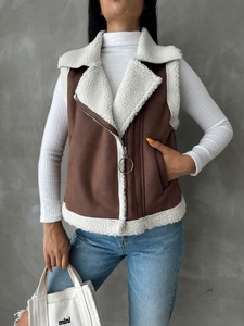 Topshow Tan Cream Suede Fur Collar Vest #4