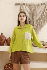 Topshow Pistachio Green Lace Garnished Shirt #3