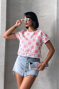 Topshow Raw Pink Short Sleeve Checkerboard Pattern Crochet Blouse #1