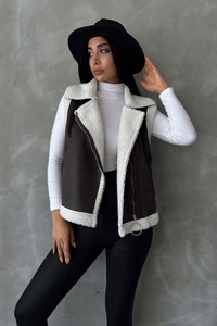 Topshow Anthracite Cream Suede Fur Collar Vest #1