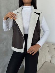 Topshow Anthracite Cream Suede Fur Collar Vest #4