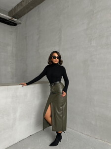 Topshow Khaki Leather Skirt #2