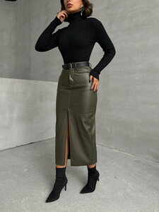 Topshow Khaki Leather Skirt #4