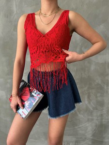 Topshow Red Skirt Fringed V Neck Bustier #4