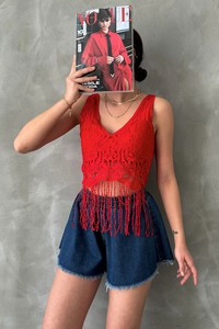 Topshow Red Skirt Fringed V Neck Bustier #1