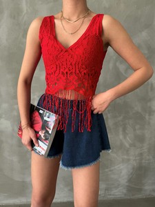 Topshow Red Skirt Fringed V Neck Bustier #3