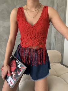 Topshow Red Skirt Fringed V Neck Bustier #2