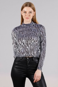 Topshow Gray Zebra Turtleneck Wholesale Blouse #1