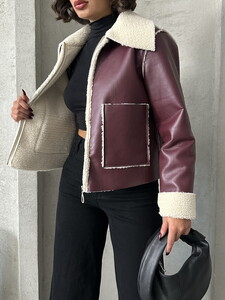 Topshow Claret Cream Zippered Wholesale Leather Coat #2