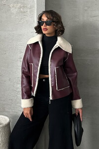 Topshow Claret Cream Zippered Wholesale Leather Coat #1