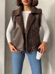 Topshow Coffee Brown Suede Collar Furry Wholesale Vest #4