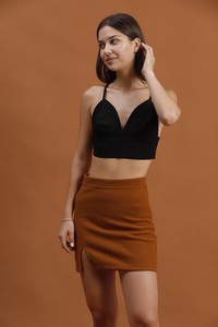 Topshow Brown Slit Detailed Mini Skirt #2