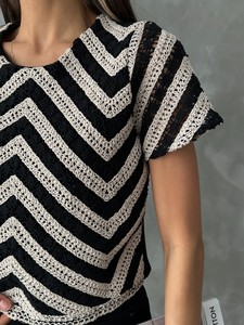 Topshow Raw Black Short Sleeve Zebra Pattern Crochet Wholesale Blouse #4