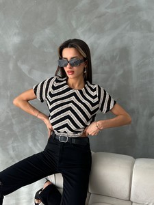 Topshow Raw Black Short Sleeve Zebra Pattern Crochet Wholesale Blouse #3