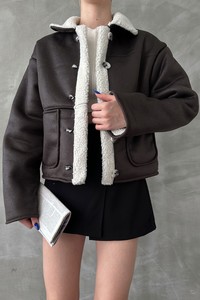 Topshow Anthracite Cream Nubuck Fur Collar Coat #4