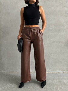 Topshow Coffee Leather Wholesale Pants #3