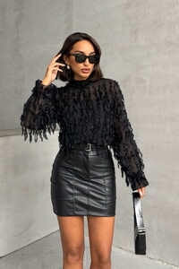 Topshow Black Glittery Fringed Blouse #1