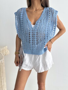 Topshow Blue Braided V-Neck Blouse #4