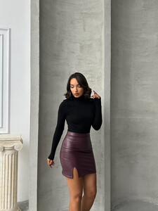 Topshow Burgundy F Above Knee Leather Wholesale Skirt #2