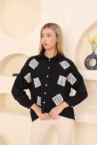 Topshow Black Guipure Detailed Wholesale Blouse #4