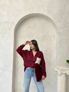 Linen Shirt with Lace Pocket - Burgundy | Topshow #2