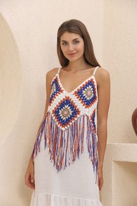 Topshow Cream Blue Fringed Long Wholesale Dress #2