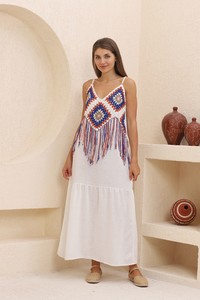 Topshow Cream Blue Fringed Long Wholesale Dress #3