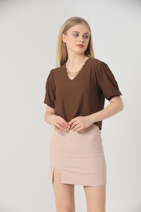 Topshow Brown V-Neck Wholesale Blouse with Two Chains on the Collar #3